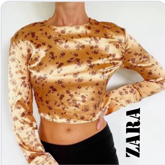ZARA SATIN GOLD BROWN FLORAL CROP TOP LARGE - Picture 1 of 6
